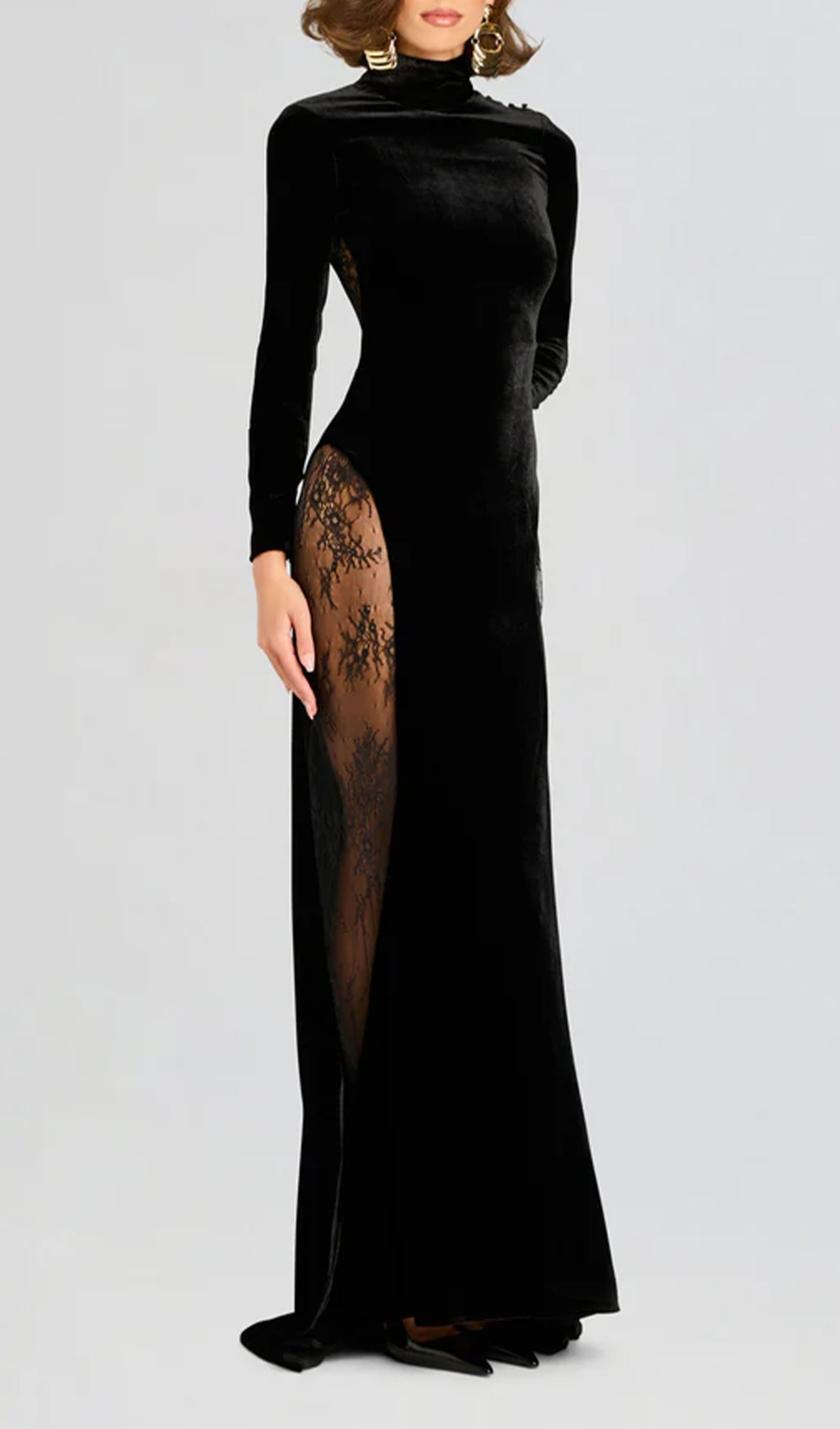 Semi-Sheer Lace Velvet Maxi Dress