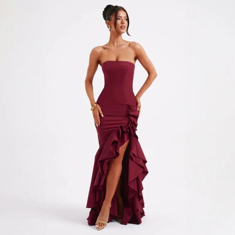 Strapless Ruffle Backless Sexy Dress Women 2024 Elegant Evening Prom Dress Bodycon Maxi Long Summer Dress Vestidos - Celestial Couture