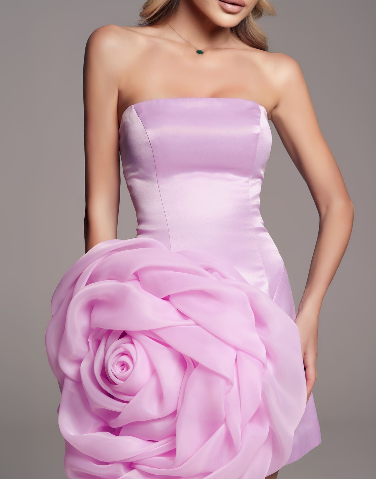 Short dress with a large organza rose on the front