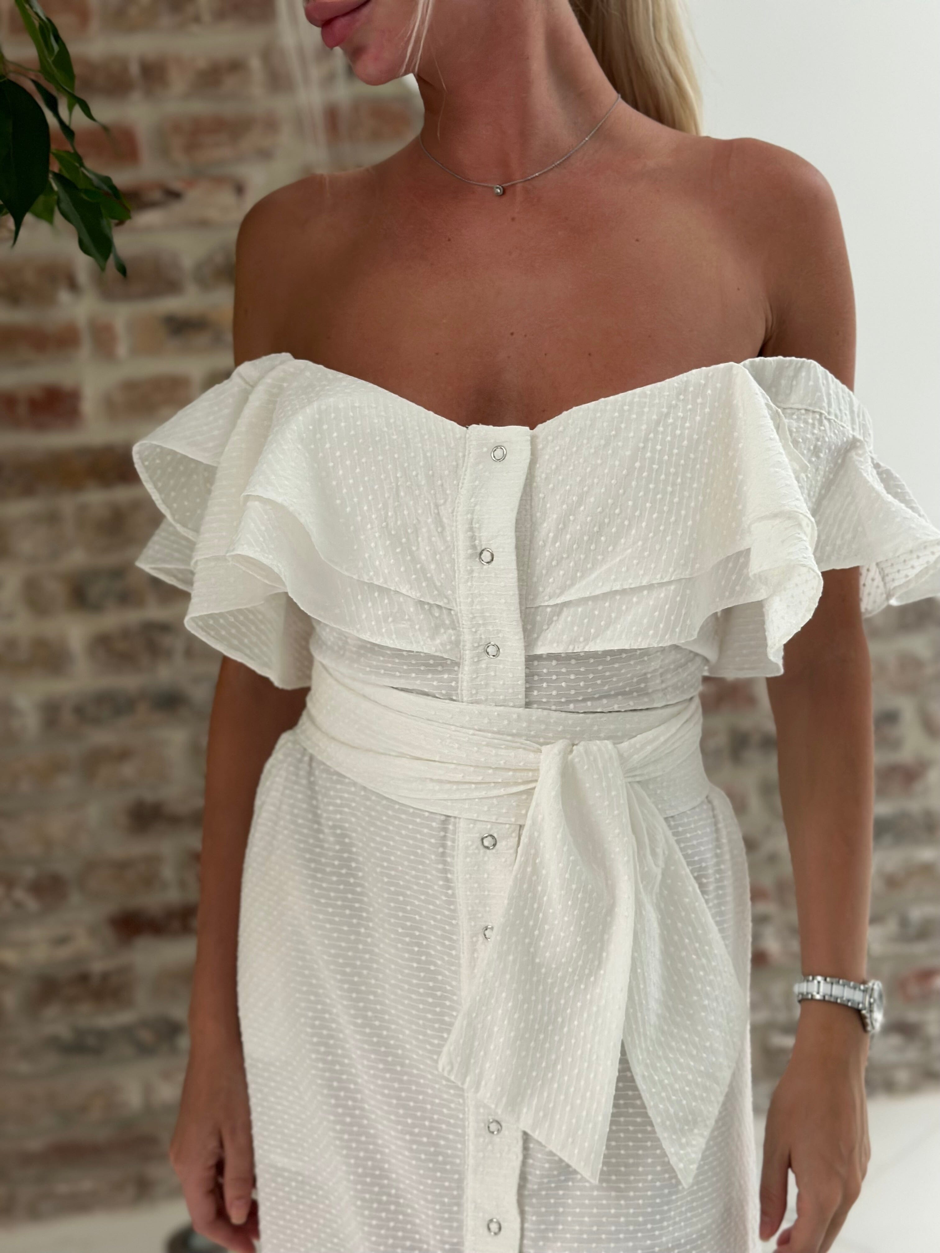 White ruffle midi dress