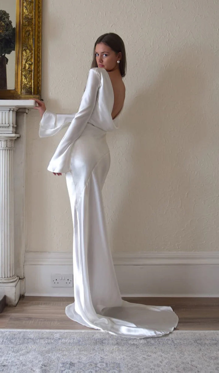 White Satin Long Sleeved Slim Evening Dress - Celestia Couture