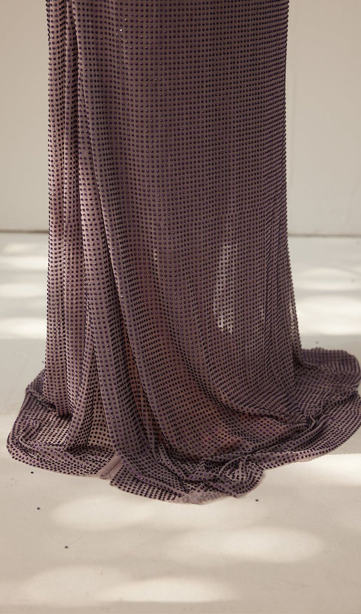 Diamante Off Shoulder Maxi Dress - Gray Purple - Celestia Couture