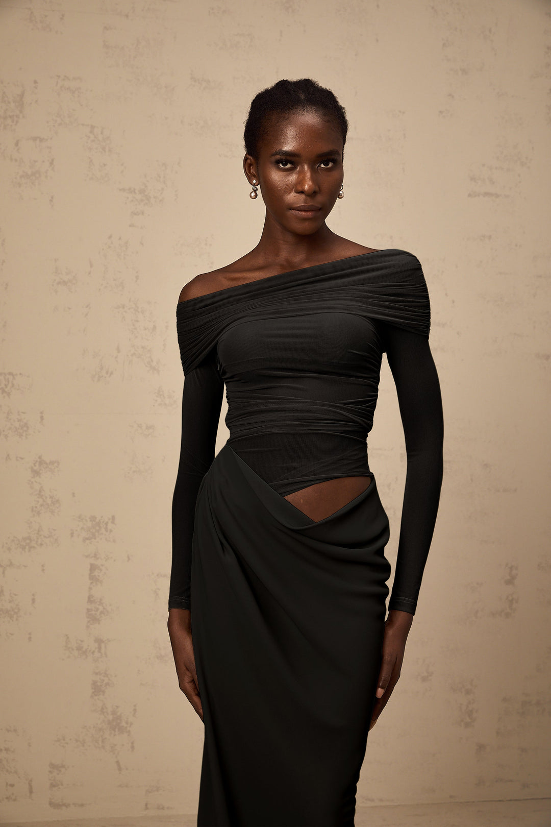 Estelle off-shoulder semi-sheer midi dress in Black - Celestia Couture