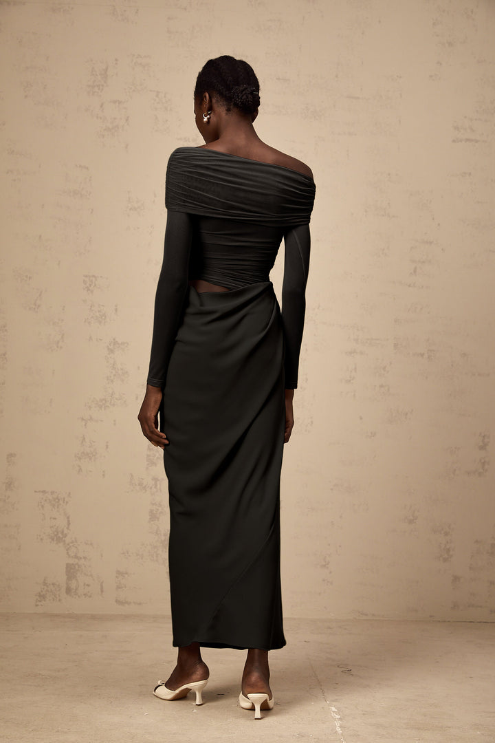 Estelle off-shoulder semi-sheer midi dress in Black - Celestia Couture
