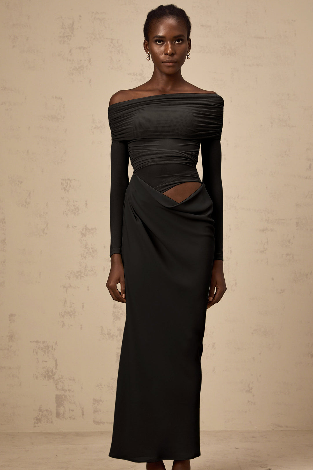 Estelle off-shoulder semi-sheer midi dress in Black - Celestia Couture