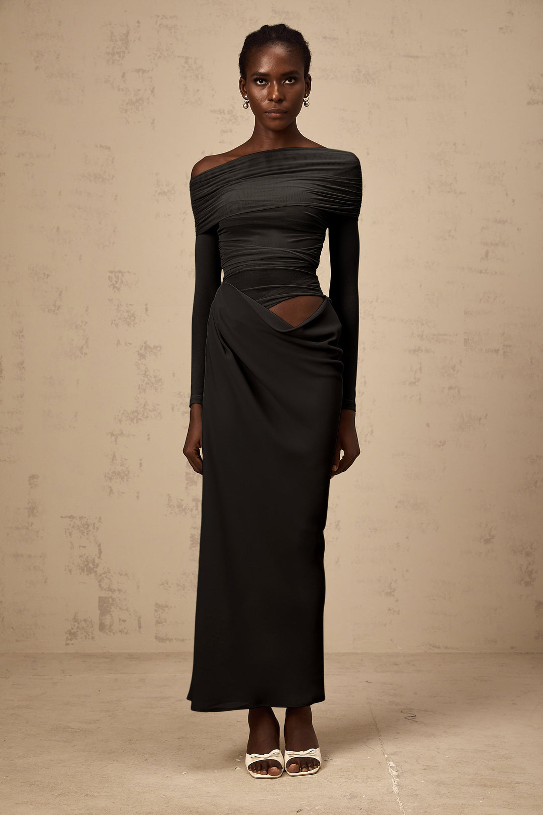 Estelle off-shoulder semi-sheer midi dress in Black - Celestia Couture