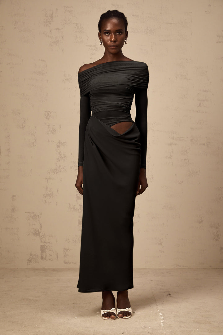 Estelle off-shoulder semi-sheer midi dress in Black - Celestia Couture