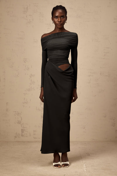 Estelle off-shoulder semi-sheer midi dress in Black