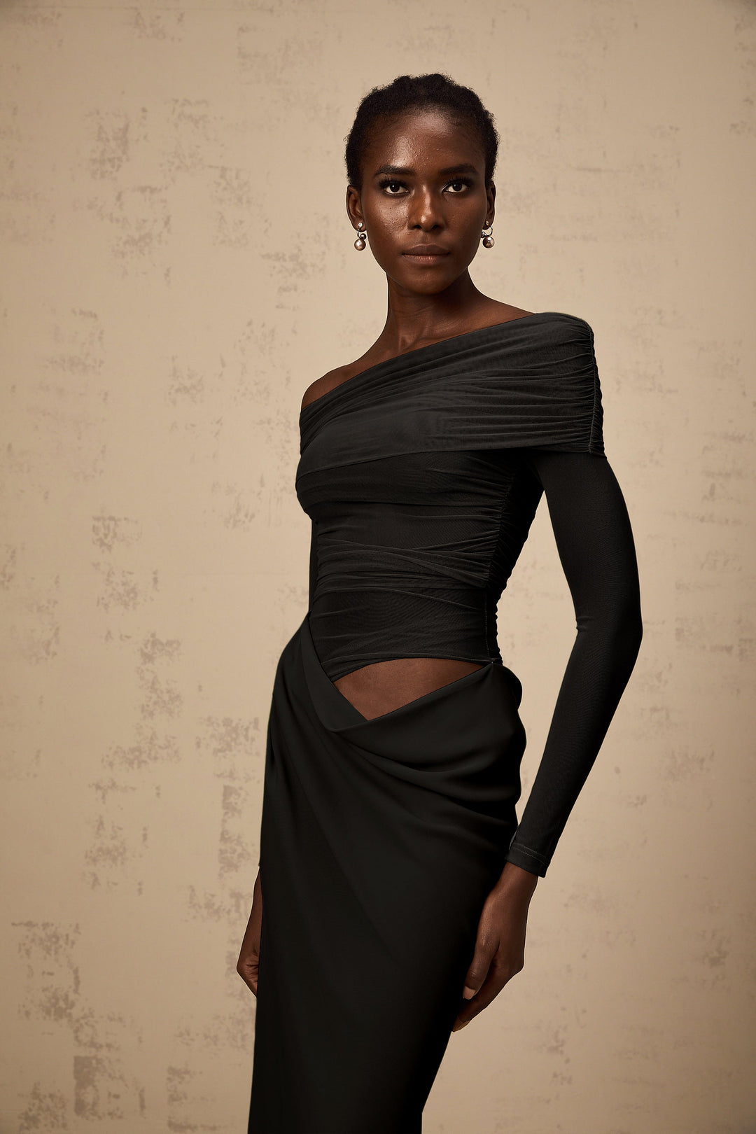 Estelle off-shoulder semi-sheer midi dress in Black - Celestia Couture