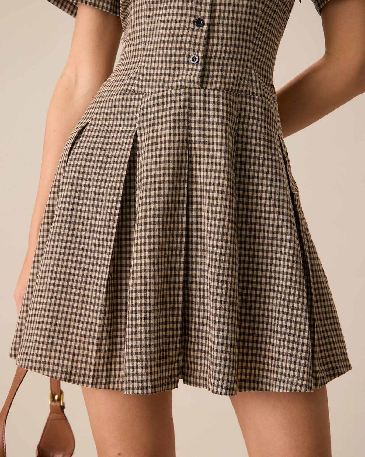Brown Plaid Lapel Pleated Mini Dress
