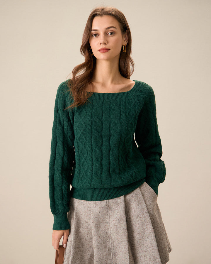 Green Romance Cable Knit Crew Sweater - Celestia Couture