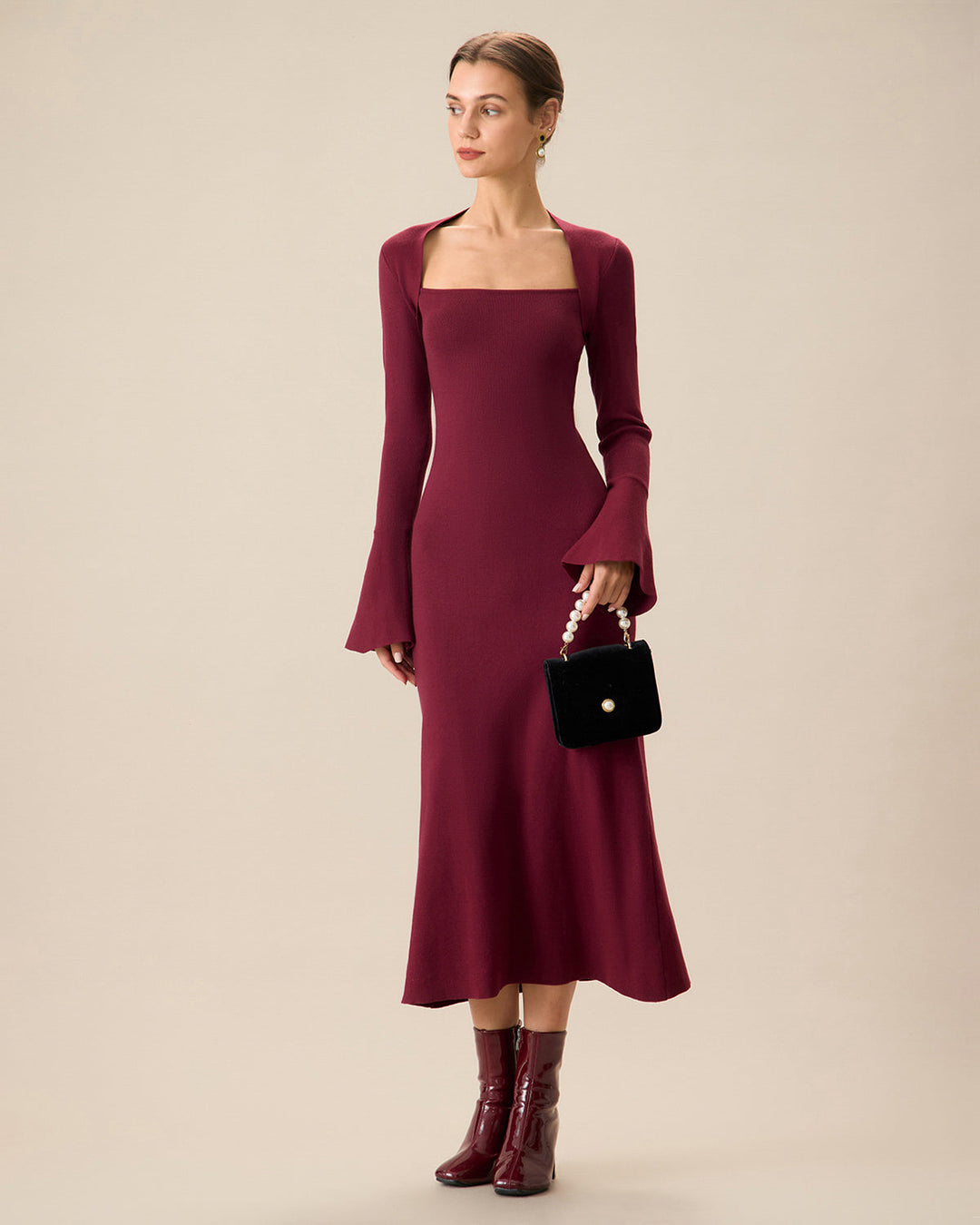 The Red Square Neck Flare Sleeve Midi Dress - Celestia Couture
