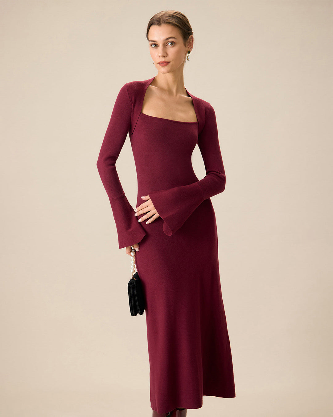 The Red Square Neck Flare Sleeve Midi Dress - Celestia Couture