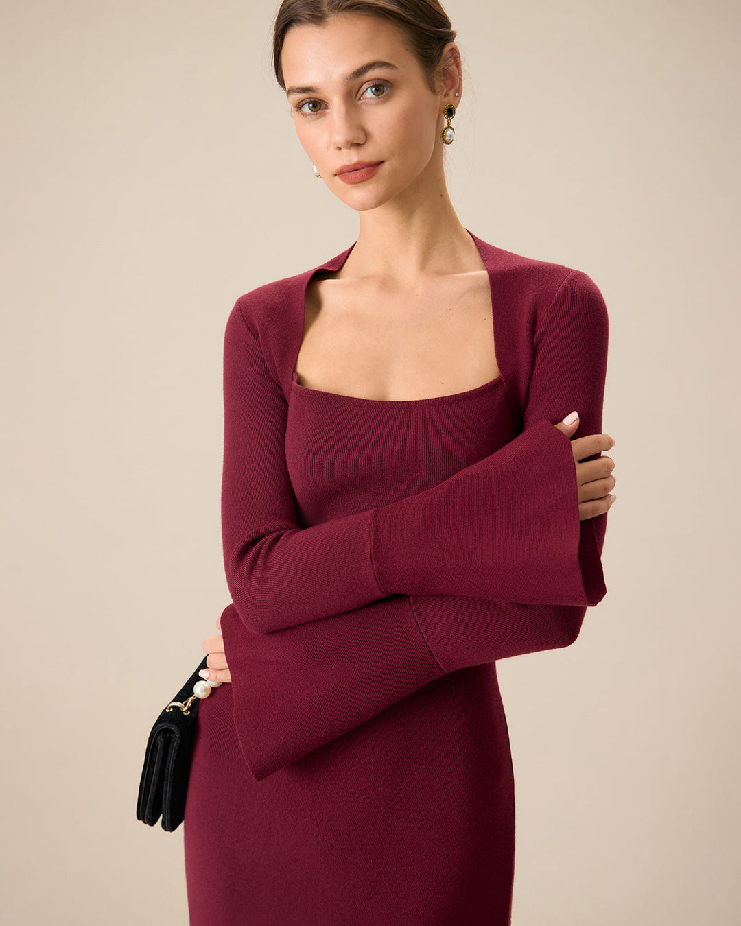 The Red Square Neck Flare Sleeve Midi Dress - Celestia Couture