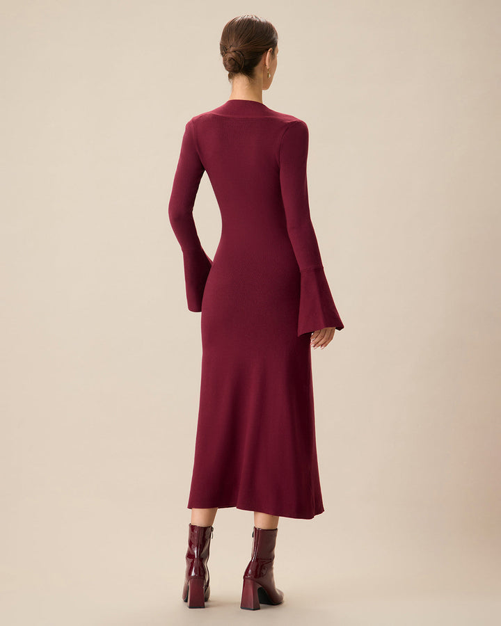 The Red Square Neck Flare Sleeve Midi Dress - Celestia Couture