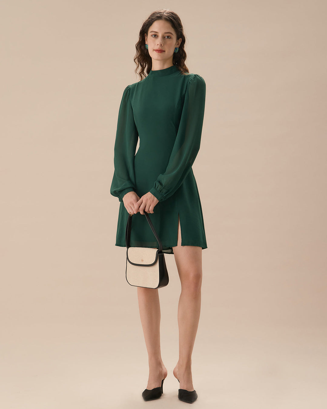The Green Stand Collar Sheer Slit Mini Dress - Celestia Couture