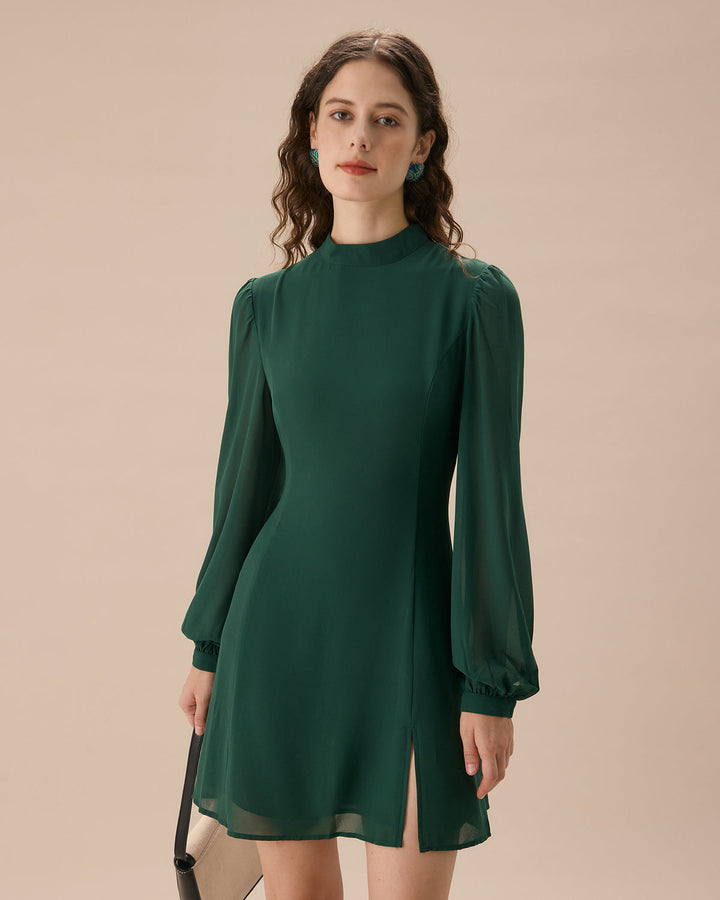 The Green Stand Collar Sheer Slit Mini Dress - Celestia Couture