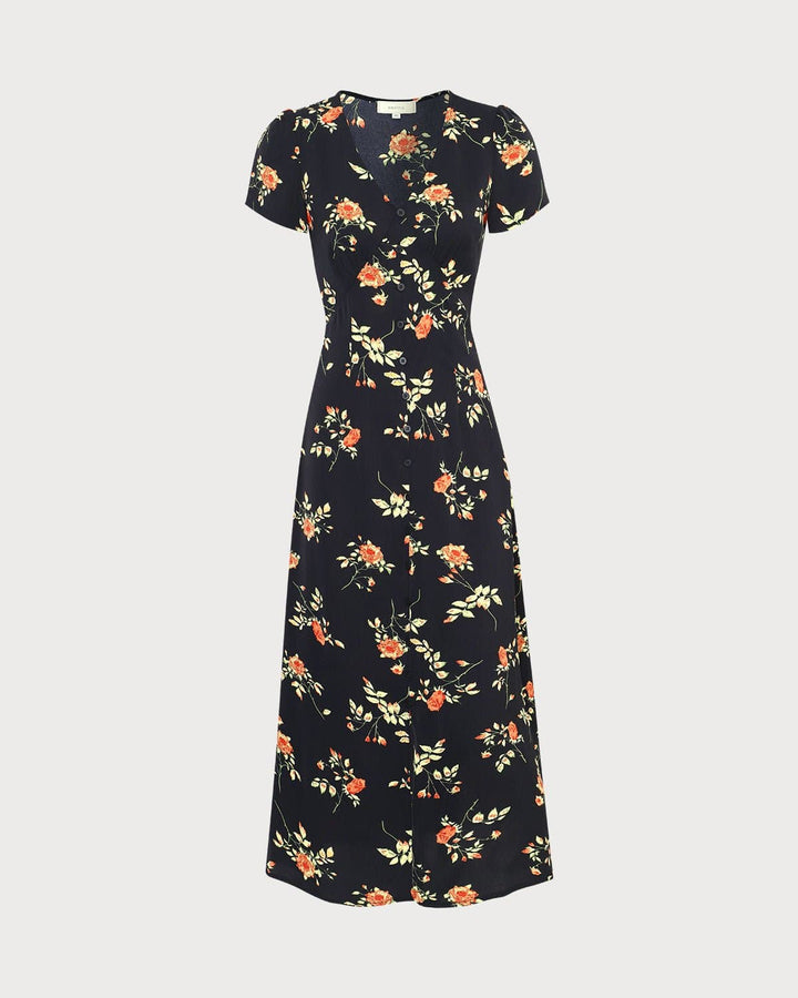 The Black V Neck Floral Short Sleeve Maxi Dress - Celestia Couture