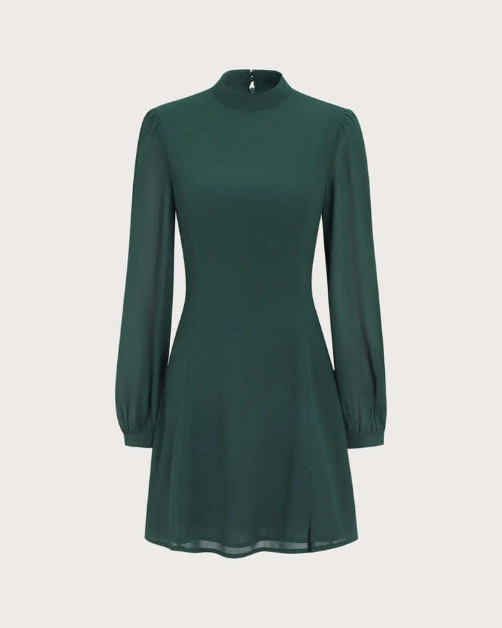 The Green Stand Collar Sheer Slit Mini Dress - Celestia Couture