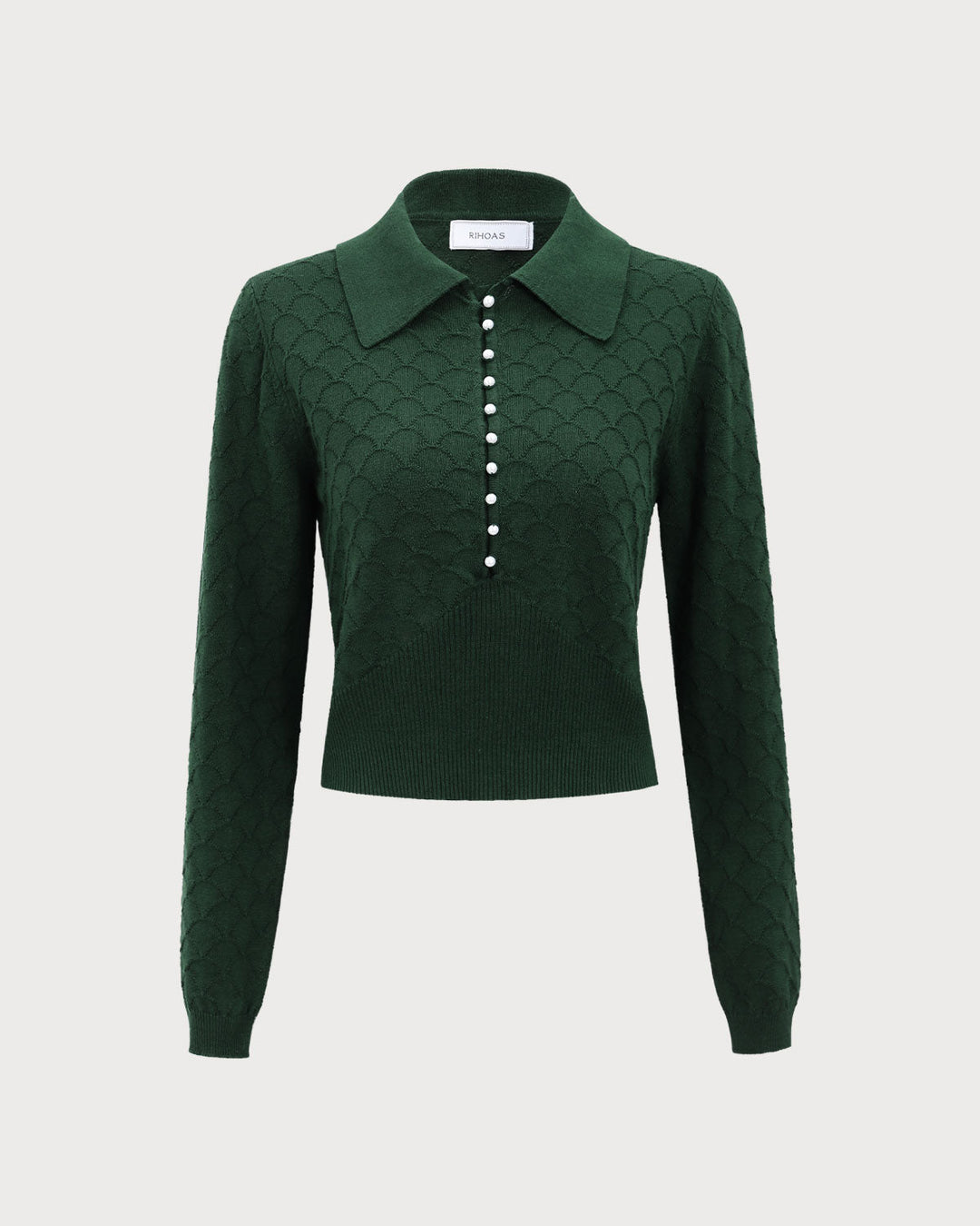 The Dark Green Lapel Ribbed Textured Knit Top - Celestia Couture
