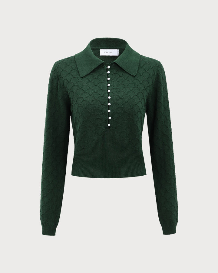 The Dark Green Lapel Ribbed Textured Knit Top - Celestia Couture