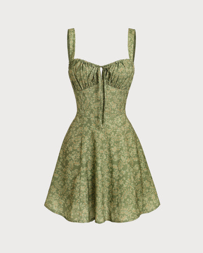 Emerald Bloom Green Floral Ruched Slip Mini Dress