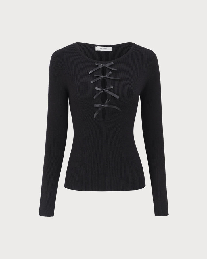 The Black Boat Neck Bowknot Front Knit Top - Celestia Couture