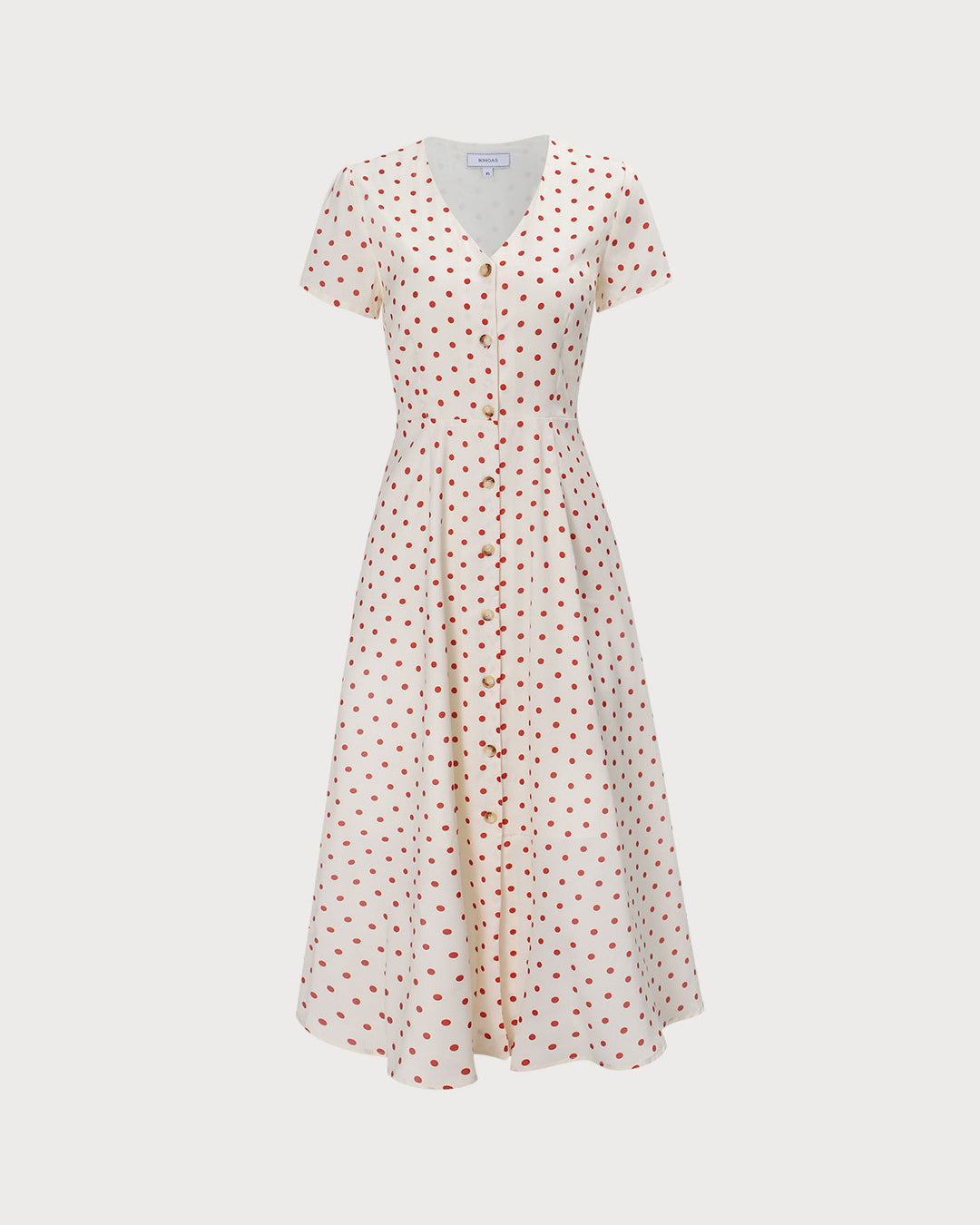 The Beige V Neck Polka Dot Button Midi Dress - Celestia Couture