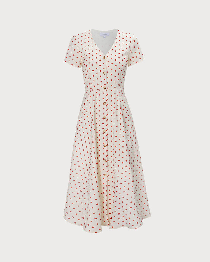 The Beige V Neck Polka Dot Button Midi Dress - Celestia Couture
