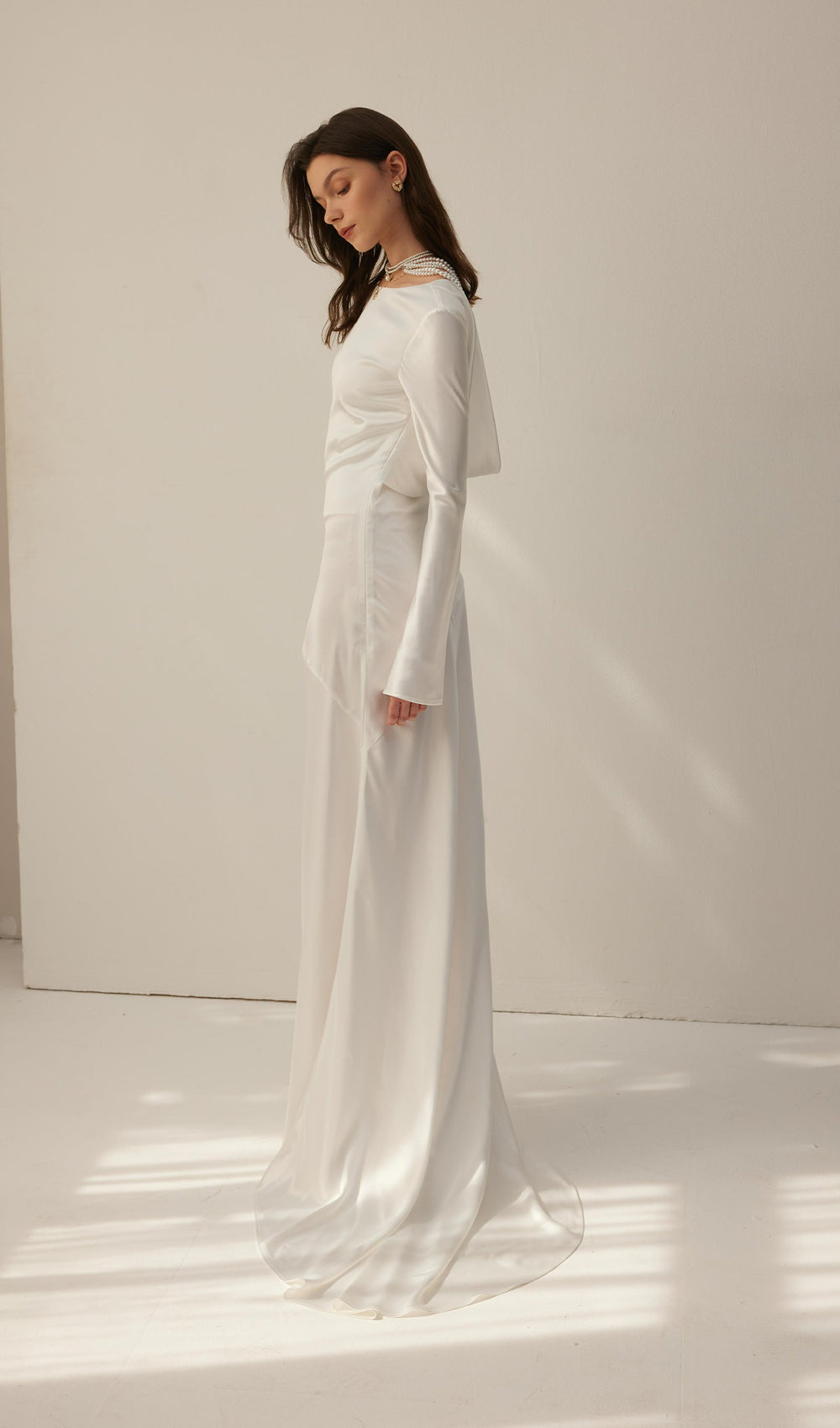 White Satin Long Sleeved Slim Evening Dress - Celestia Couture