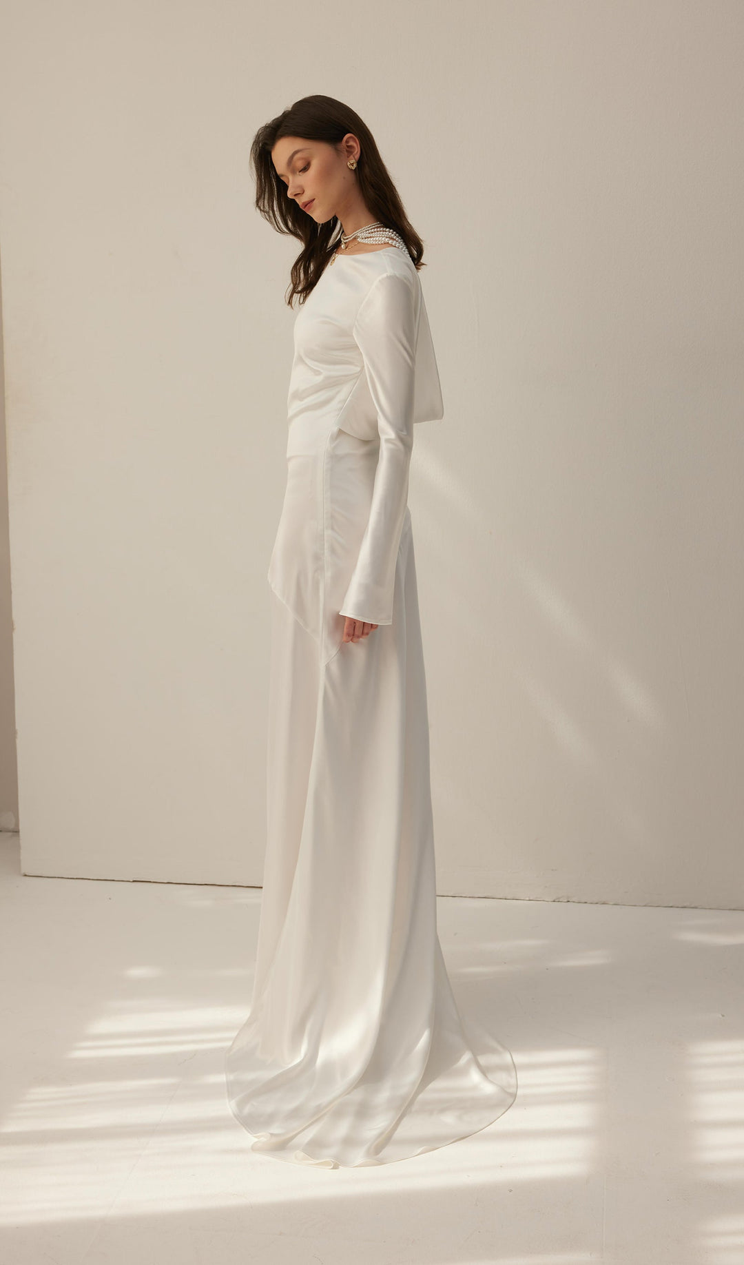 White Satin Long Sleeved Slim Evening Dress - Celestia Couture
