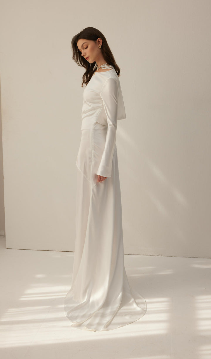 White Satin Long Sleeved Slim Evening Dress - Celestia Couture