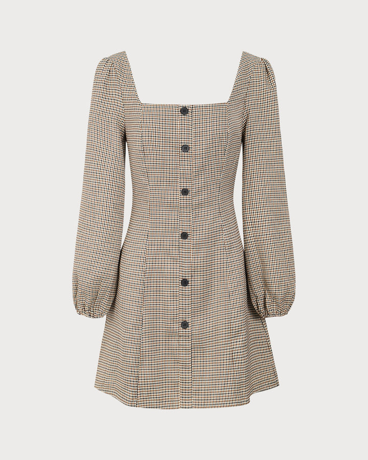 The Khaki Square Neck Plaid Button Mini Dress - Celestia Couture