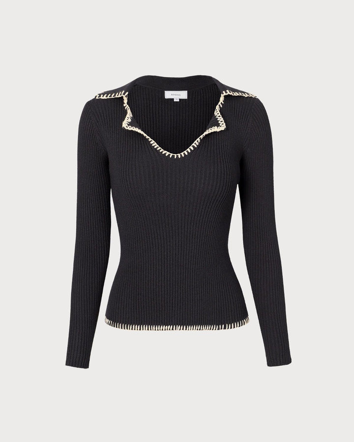 The Black Lapel Seam Colorblock Knit Top - Celestia Couture