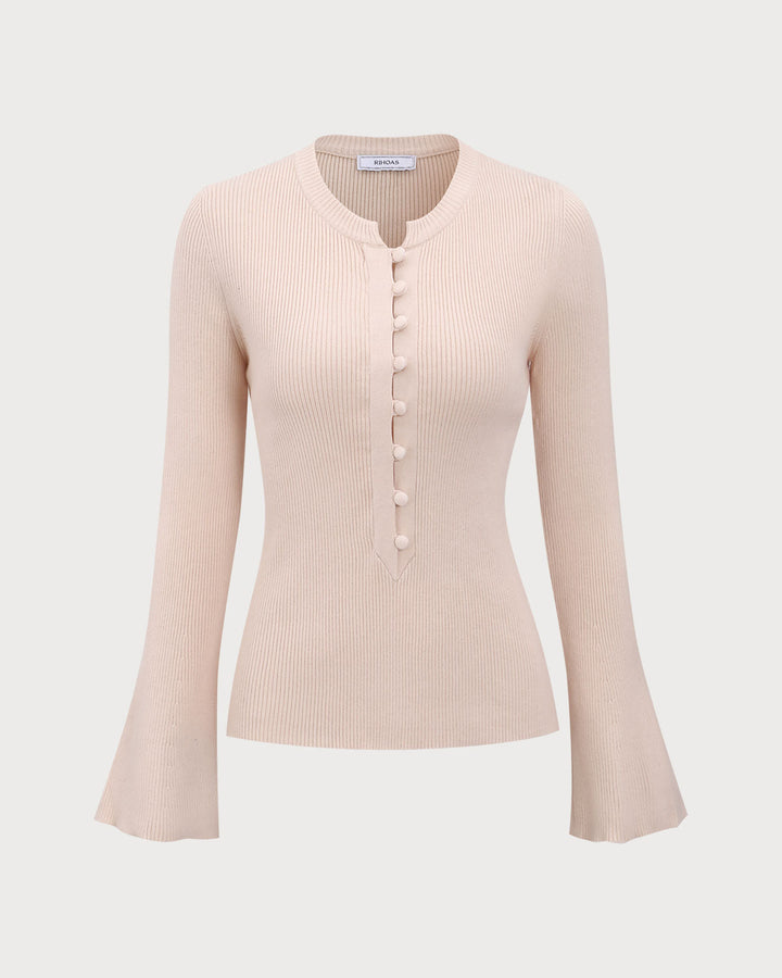 The Apricot Round Neck Button Up Knit Top - Celestia Couture