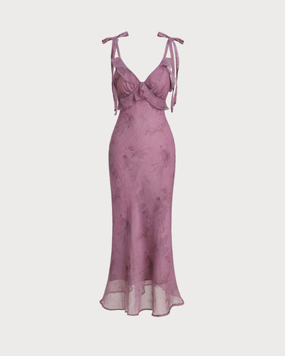 Violet Reverie Purple Floral Ruffle Tie Strap Midi Dress