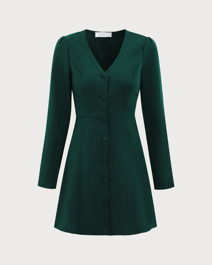 The Green V Neck Button Shirt Mini Dress - Celestia Couture