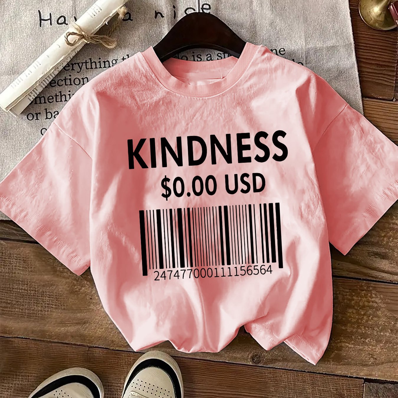 Women'S T-Shirt with "Kindness $0.00 USD" Graphic Print, Casual Crew Neck Short Sleeve Top, All-Season Knit Fabric Tee, 100%, Regular Length - 180gsm - Celestial Couture