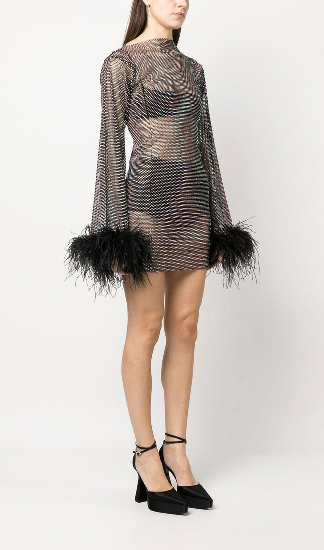 Sheer Rhinestone Mini Dress - Celestia Couture