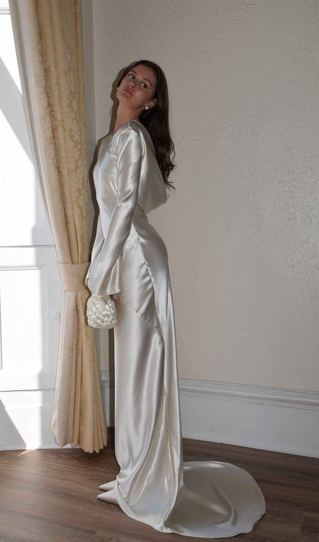 White Satin Long Sleeved Slim Evening Dress - Celestia Couture