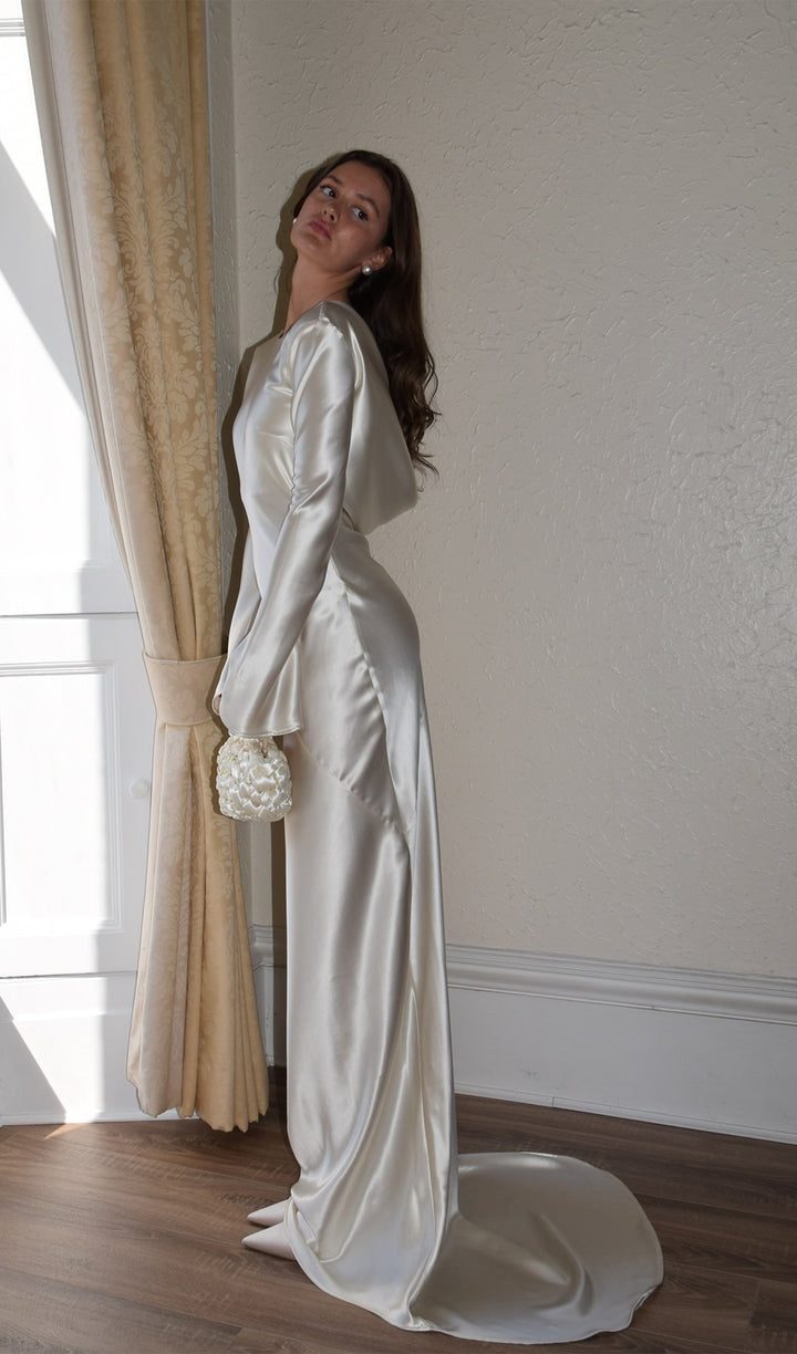 White Satin Long Sleeved Slim Evening Dress - Celestia Couture