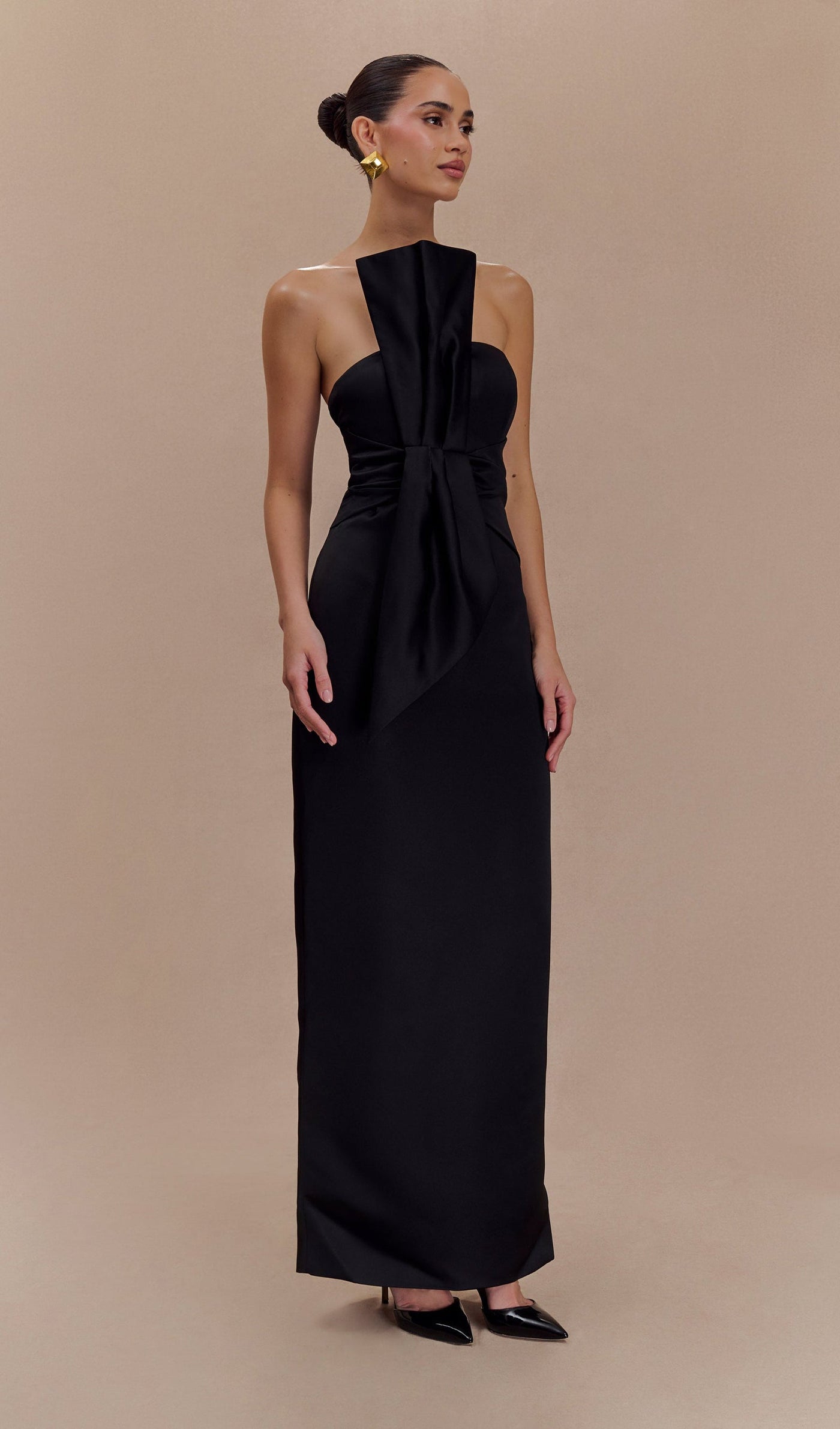 Black Strapless Satin Maxi Dress