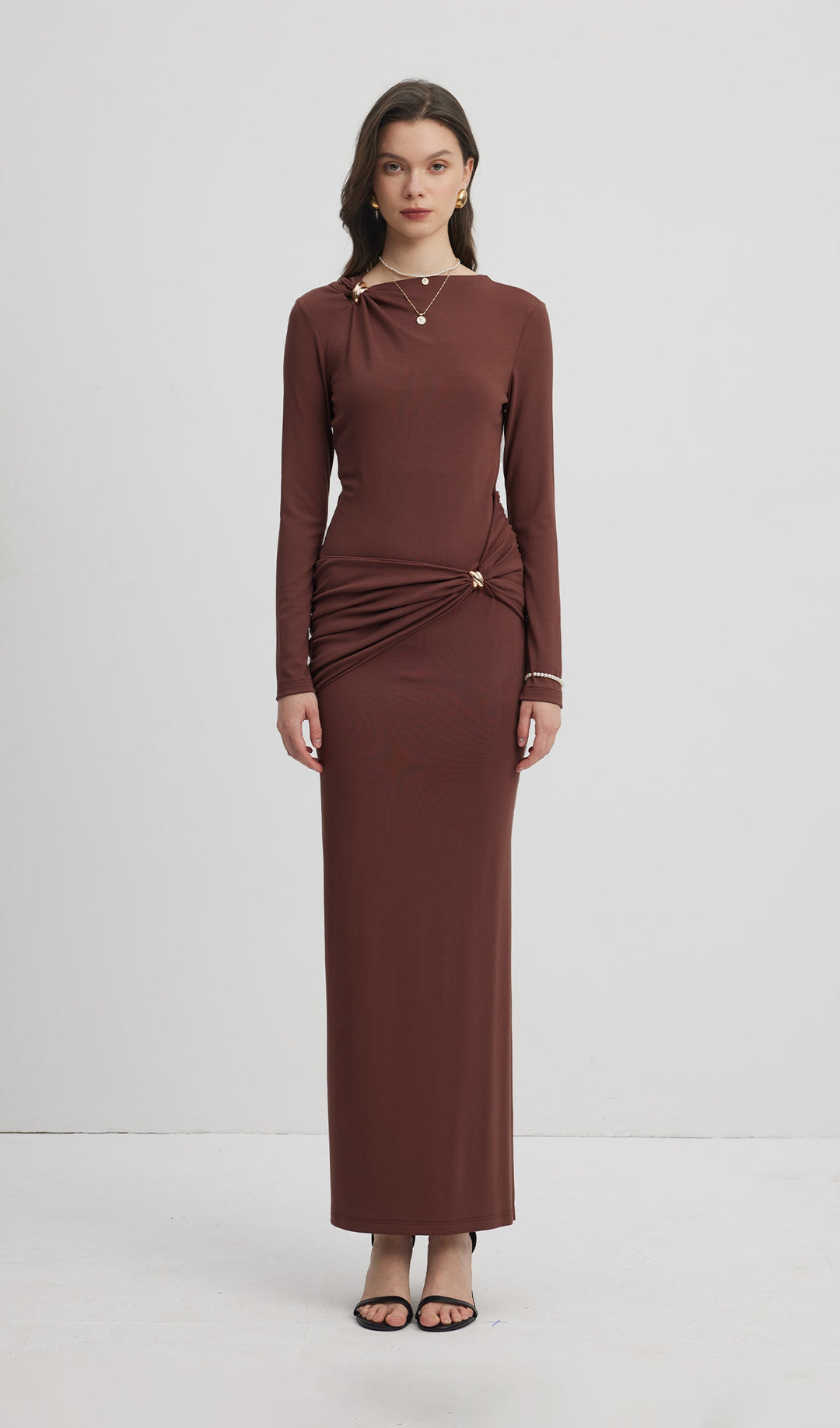 Jersey Seductive Fitted Maxi Dress-Brown - Celestia Couture
