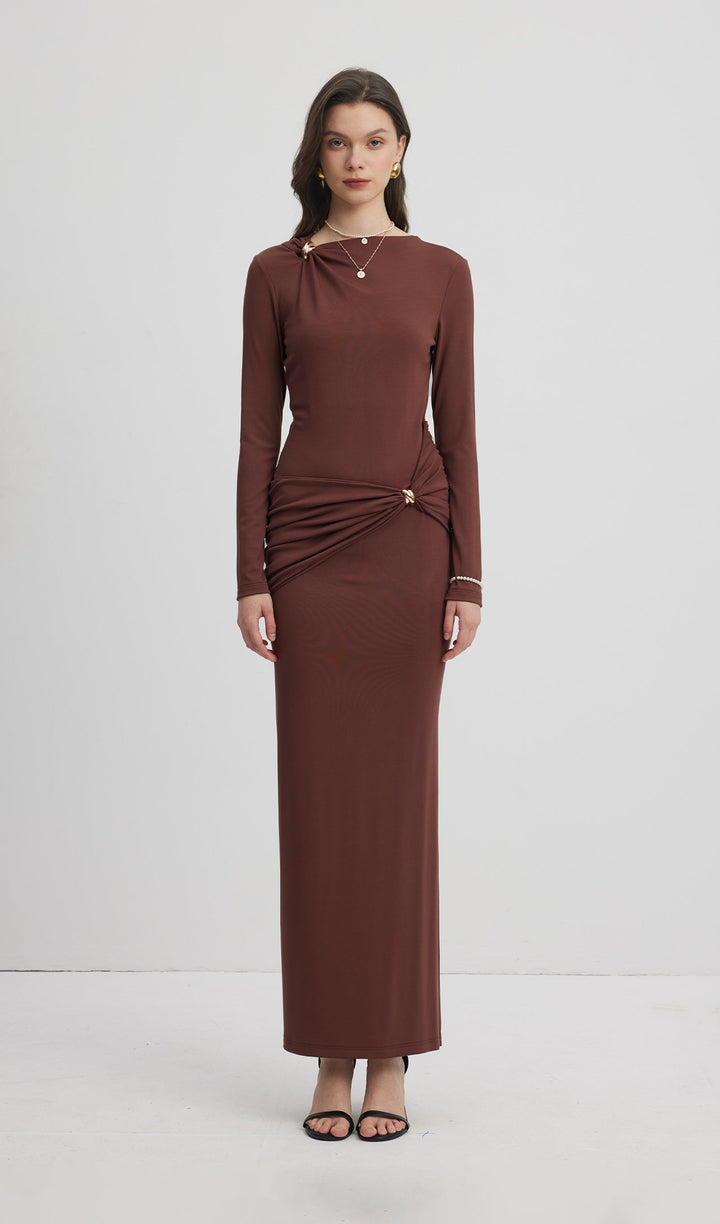 Jersey Seductive Fitted Maxi Dress-Brown - Celestia Couture
