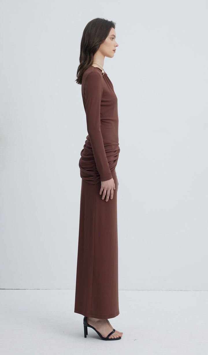 Jersey Seductive Fitted Maxi Dress-Brown - Celestia Couture