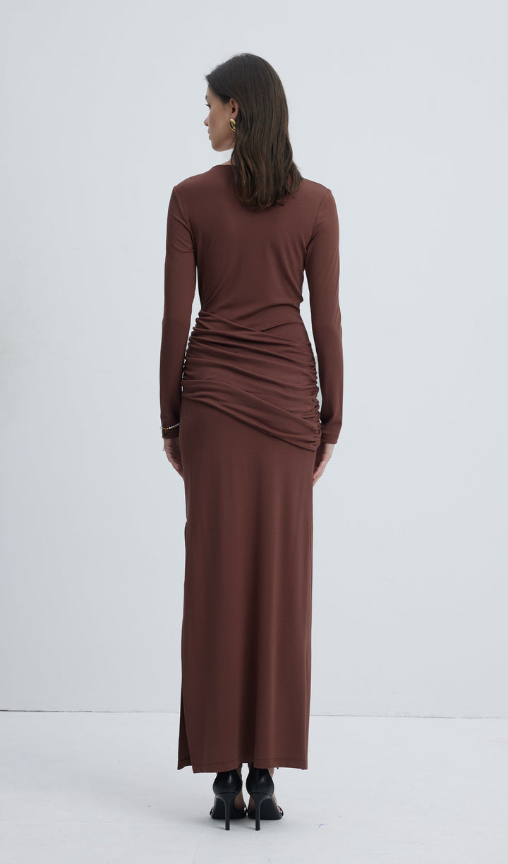 Jersey Seductive Fitted Maxi Dress-Brown - Celestia Couture