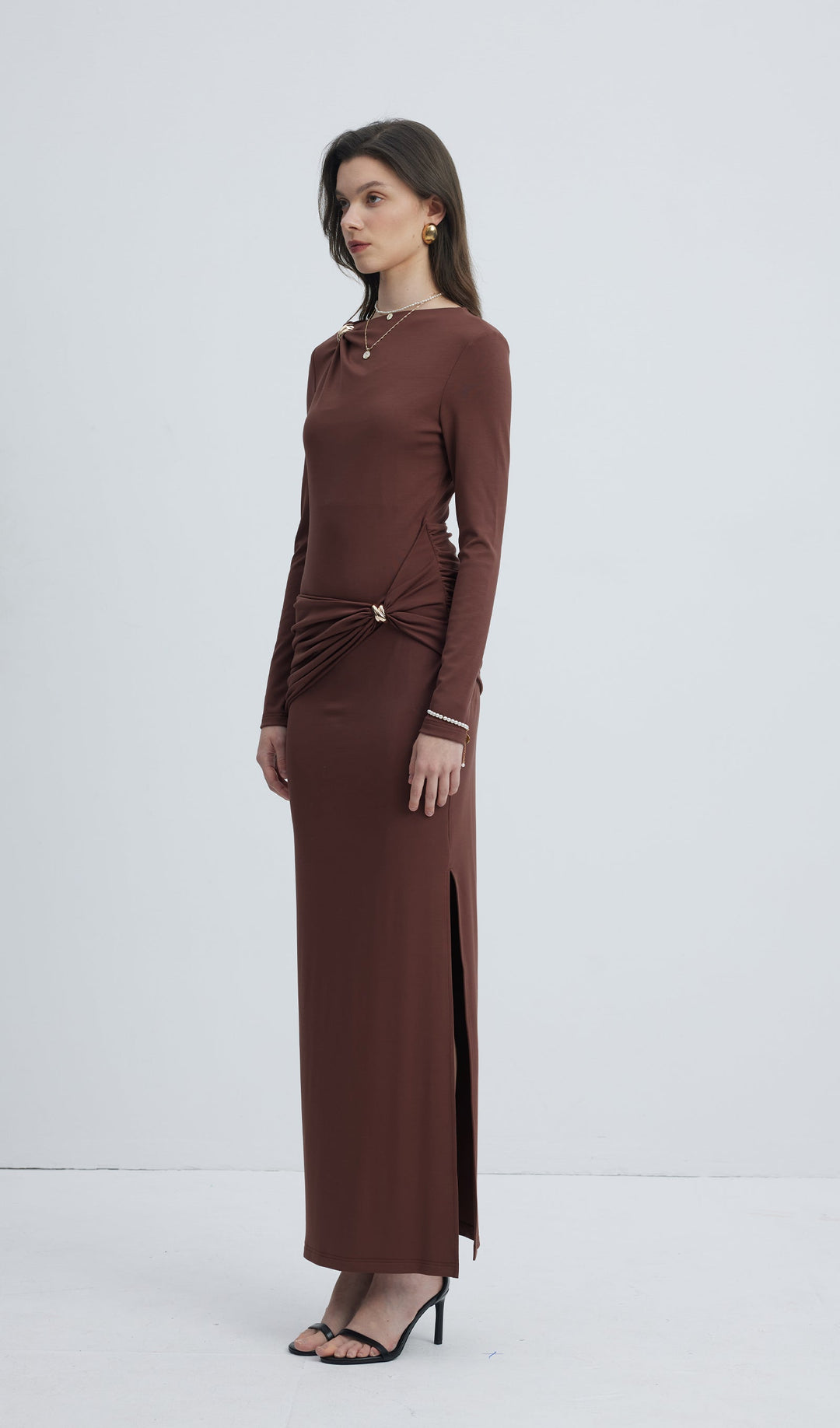 Jersey Seductive Fitted Maxi Dress-Brown - Celestia Couture