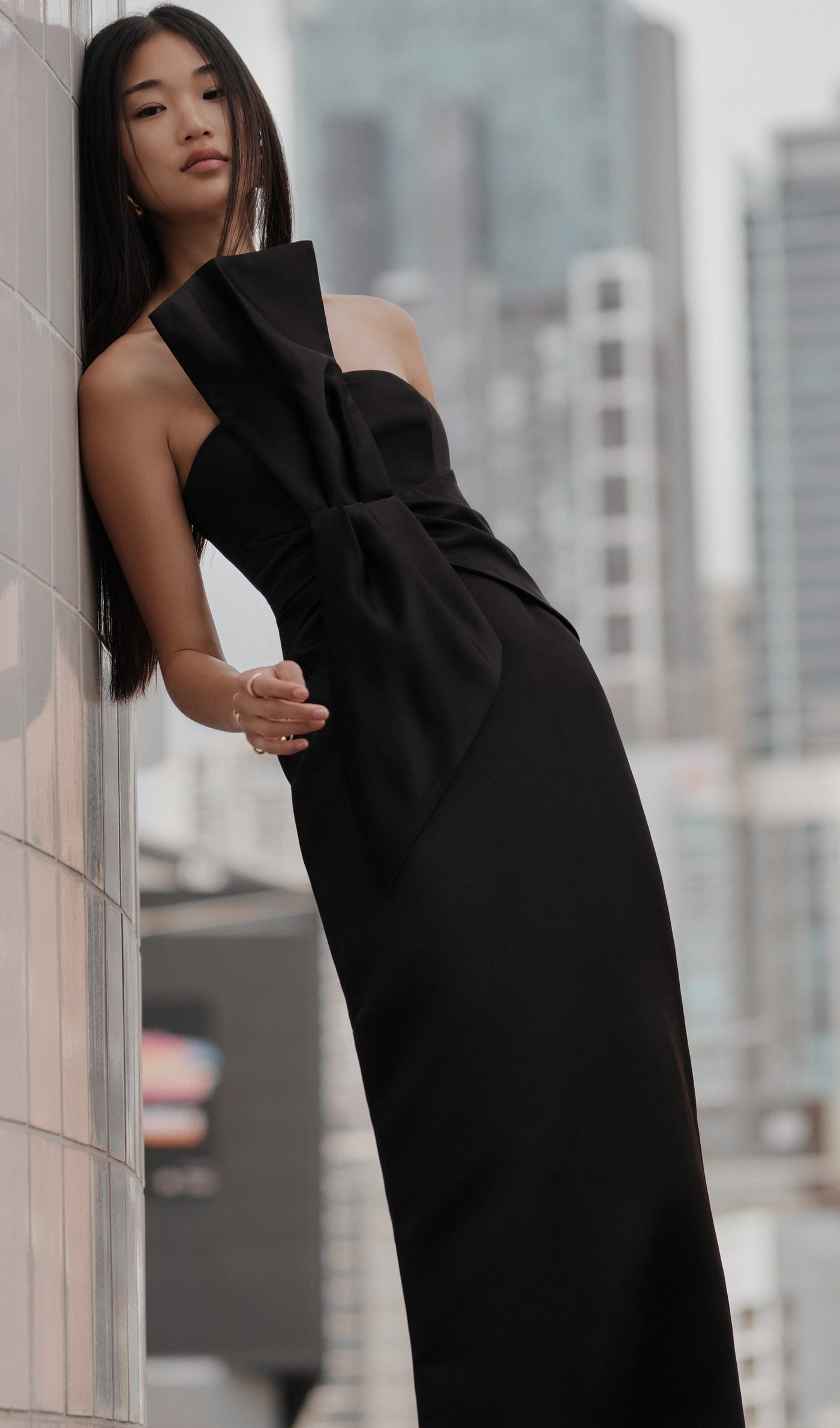 Black Strapless Satin Maxi Dress