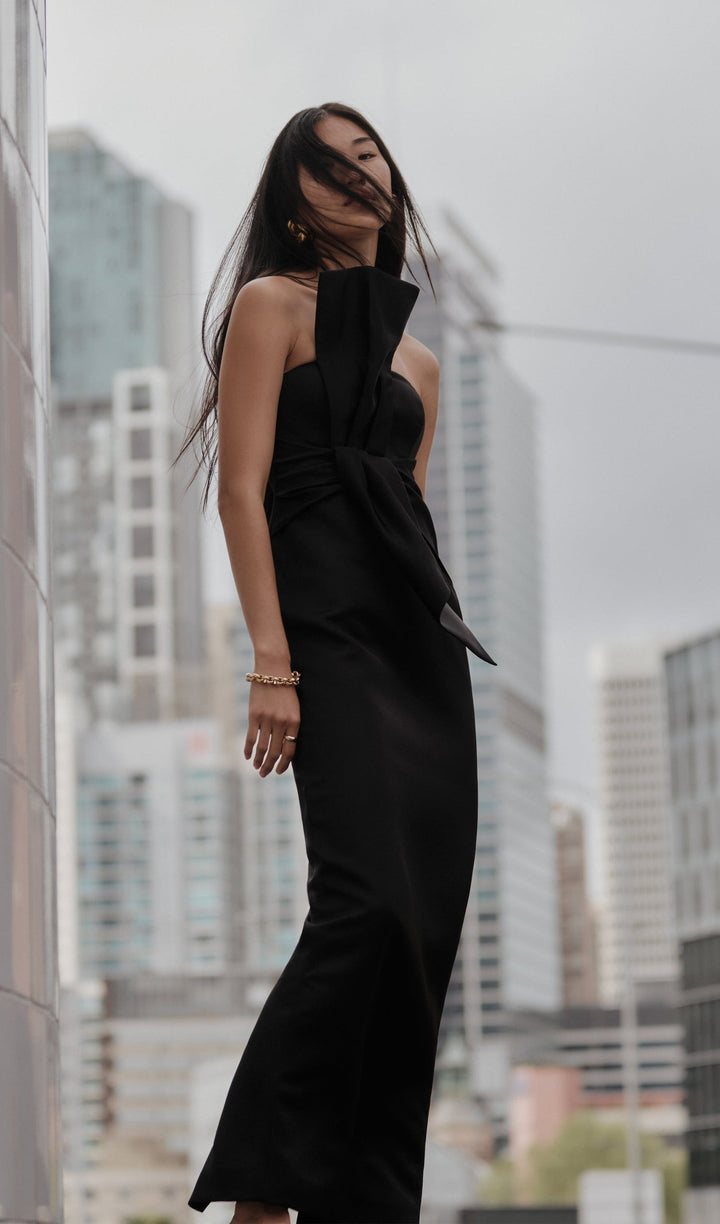 Black Strapless Satin Maxi Dress - Celestia Couture