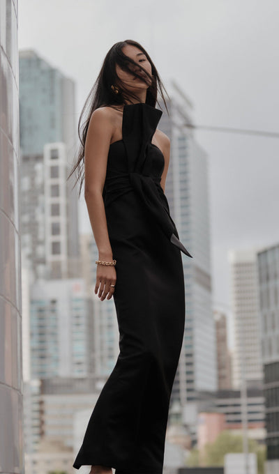 Black Strapless Satin Maxi Dress